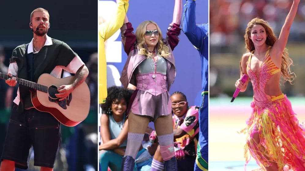 Justin Bieber, Madonna and Shakira performing at the FIFA World Cup 2026 halftime show before the Spain vs Argentina final.