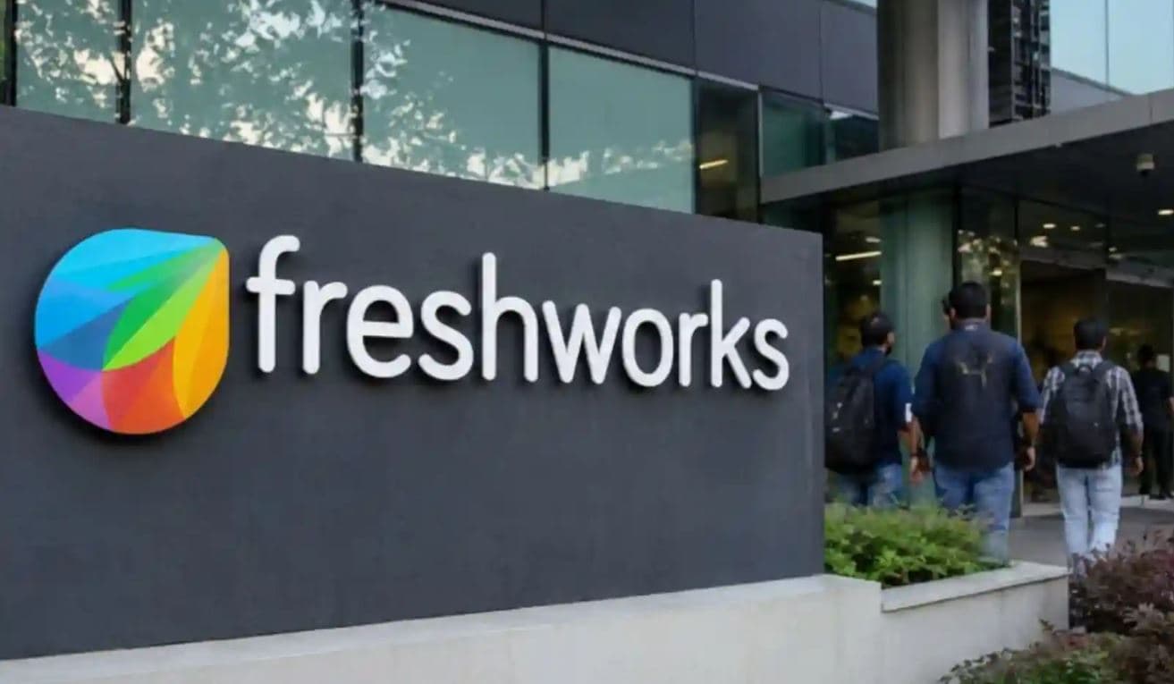 Freshworks office exterior displaying company logo amid AI-driven restructuring and workforce reduction announcement