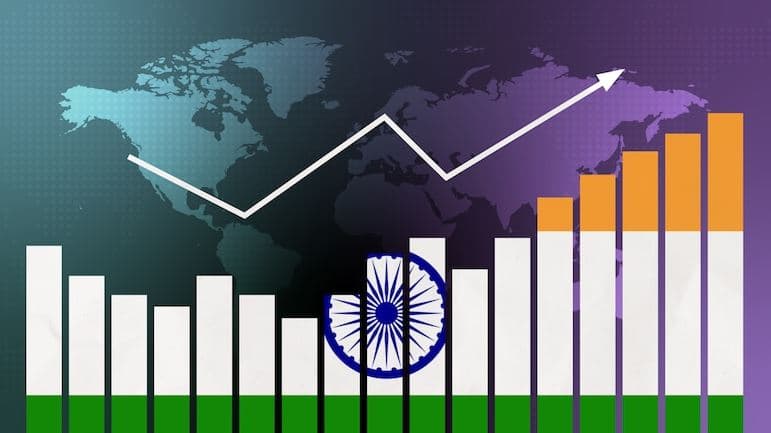 India economic growth concept with rising bar chart and upward global trend highlighting 6.5% growth outlook in 2026