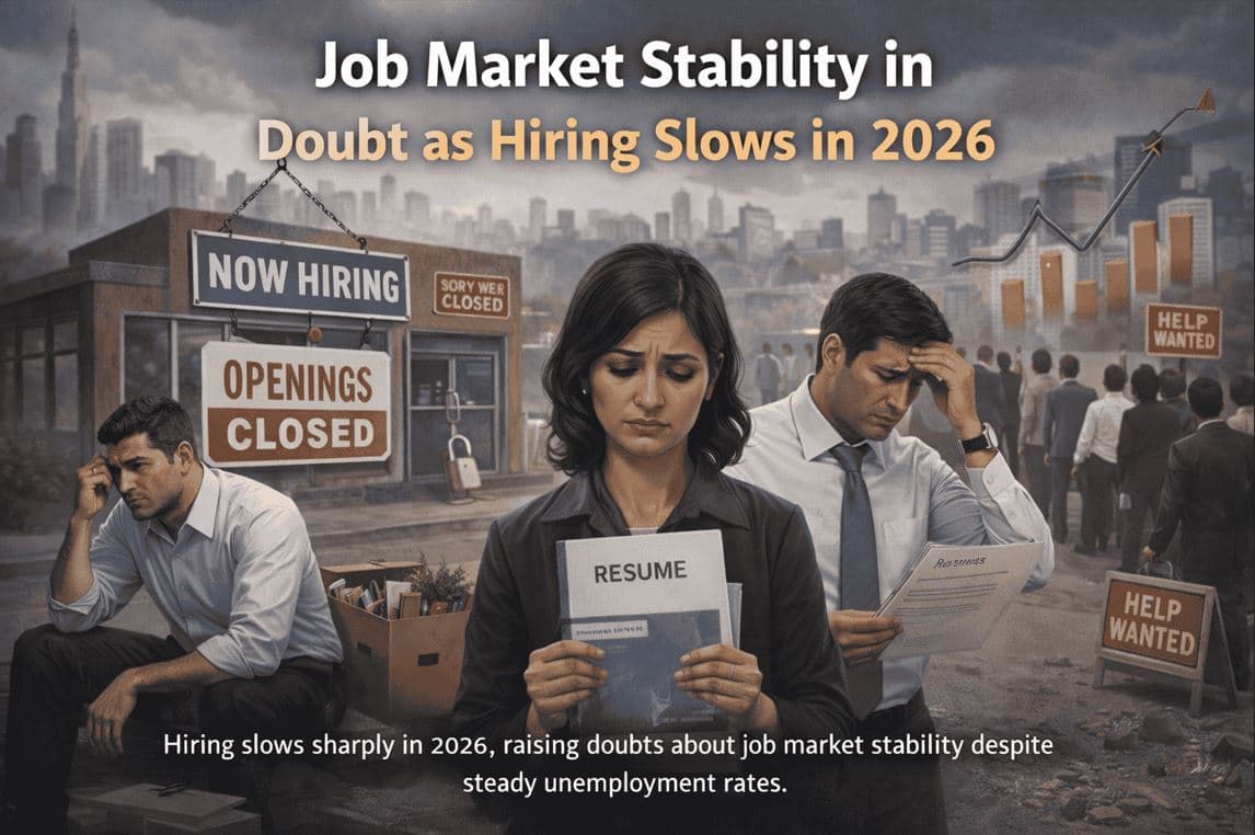 Job market slowdown in 2026 showing unemployed professionals holding resumes with closed hiring signs and economic uncertainty in an urban setting
